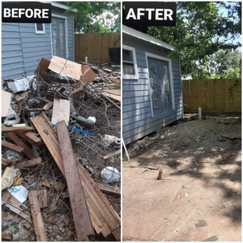 Before and after junk removal by Team Tough Guys in Malden, MA – cluttered yard cleaned fast and professionally.