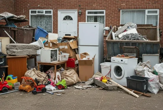 Cluttered yard filled with discarded items